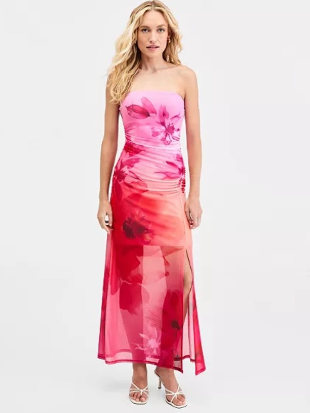 092- Bar III Floral-Print Mesh Strapless Midi Dress Size Large